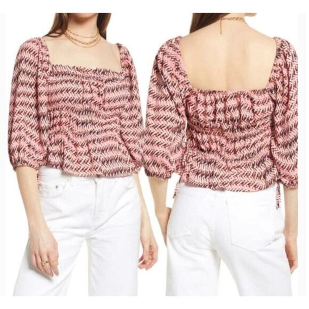 Open Edit Geo Print Shirring Detail Square Neck Top Pink Peony Wave plus size 2X